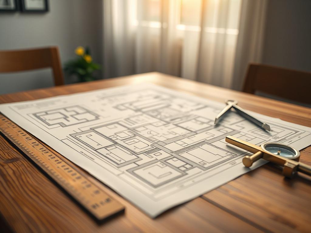 A close-up shot of a beautifully designed architectural plan laid out on a wooden table. The scene is well-lit, showcasing intricate details of the blueprint with a ruler and compass beside it. The background is softly blurred to emphasize the blueprint, creating a focus on the design and planning aspect of home building. The image should have a hyper-realistic style and a warm ambiance, highlighting the creativity and precision involved in architectural design.