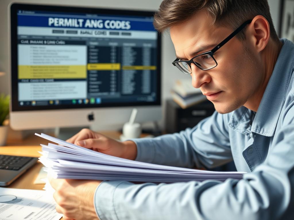 An individual reviewing a stack of permit documents at a