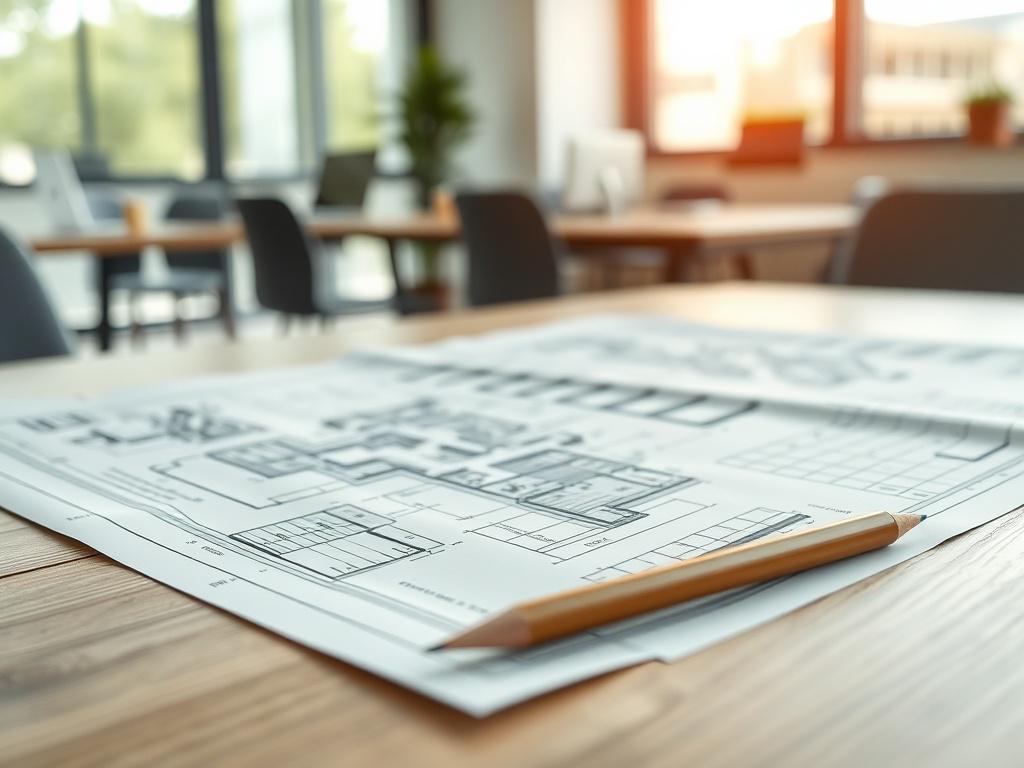 A hyper-realistic close-up shot of a beautifully designed architectural plan spread out on a wooden table. The focus is on intricate details of the blueprints, with a pencil and a ruler beside them. The background is softly blurred, highlighting the plans while subtly showcasing a well-lit, modern office space. The image should convey professionalism and creativity, reminiscent of a dedicated architectural workspace.