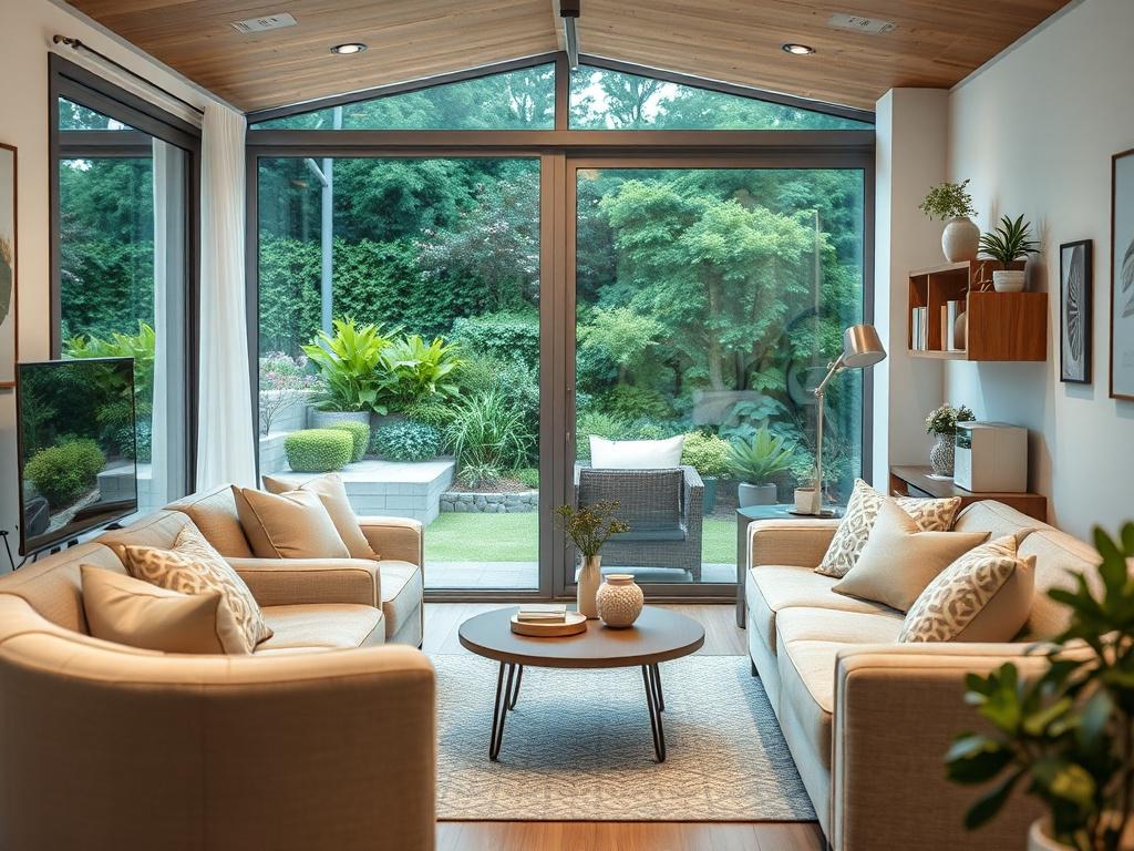A close-up shot of a beautifully designed small living room for retirees, featuring energy-efficient appliances and a cozy outdoor space. The room should have soft, inviting colors and a mix of modern and traditional decor elements, showing a comfortable and accessible layout. The background should include a lush garden visible through large windows, emphasizing a serene atmosphere. Shot with a 45mm f/1.2 lens style.