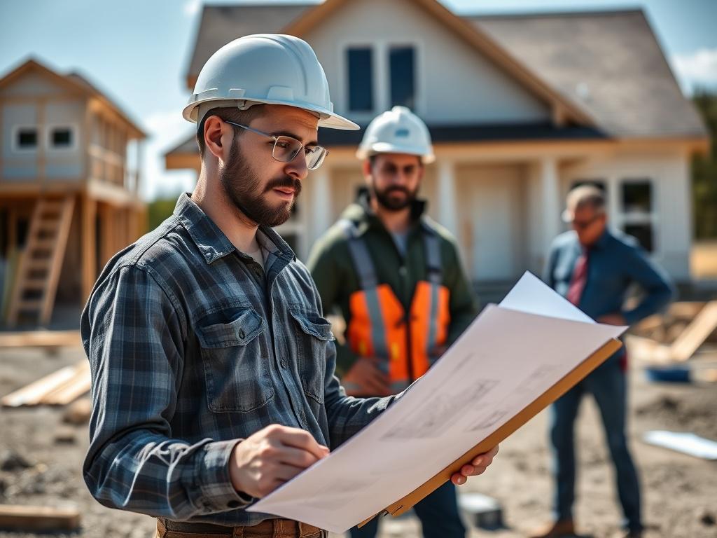 A close-up shot of a professional contractor reviewing blueprints on a construction site, showcasing a clipboard, tools, and a partially built home in the background. The image should be hyper-realistic, focusing on the contractor's engaged expression as they discuss project details with a subcontractor off-camera. The setting should convey a sense of collaboration and professionalism, with natural lighting that highlights the textures of the construction materials.