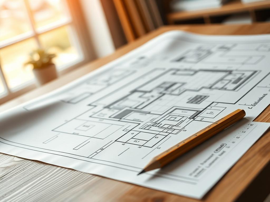 A realistic high-resolution photo of a detailed architectural blueprint showing a custom home design on a wooden drafting table. The blueprint should feature intricate lines and measurements, with a pencil and scale ruler placed beside it. The background should be softly blurred, emphasizing the blueprint, with natural light streaming in from a nearby window. The composition should be simple and clear, focusing on the blueprint's details.