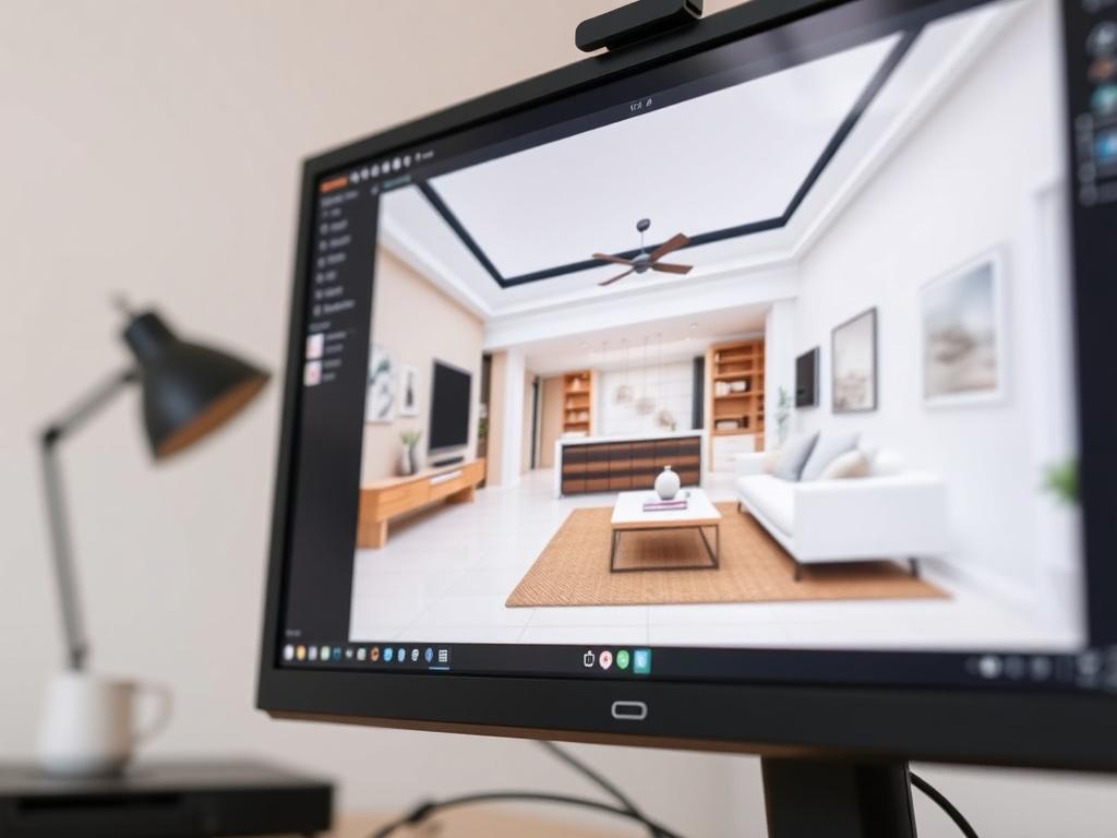A close-up shot of a computer screen displaying a detailed 3D rendering of a modern home interior, highlighting various design elements like furniture and layout. The background should be simple and uncluttered, emphasizing the design on the screen. The image should be hyper-realistic, taken with a 45mm f/1.2 lens to create a shallow depth of field, ensuring the focus is on the screen while softly blurring the background.