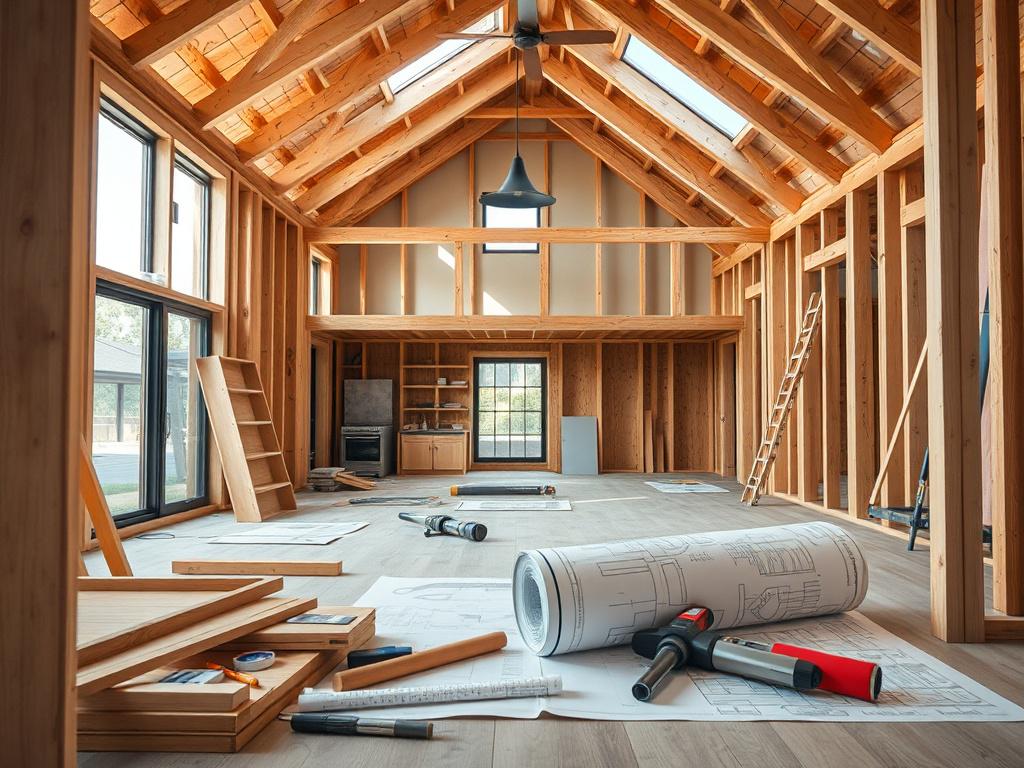 A hyper-realistic close-up shot of a beautifully designed home under construction, showcasing various architectural elements like framing and roof design. The image should focus on a well-designed room interior, with tools and plans visibly laid out, representing the process of building. Use a soft background that suggests a construction site with blueprints and design elements. The lighting should be warm, highlighting the textures and details in the materials used. Ensure the color scheme aligns with rgb(