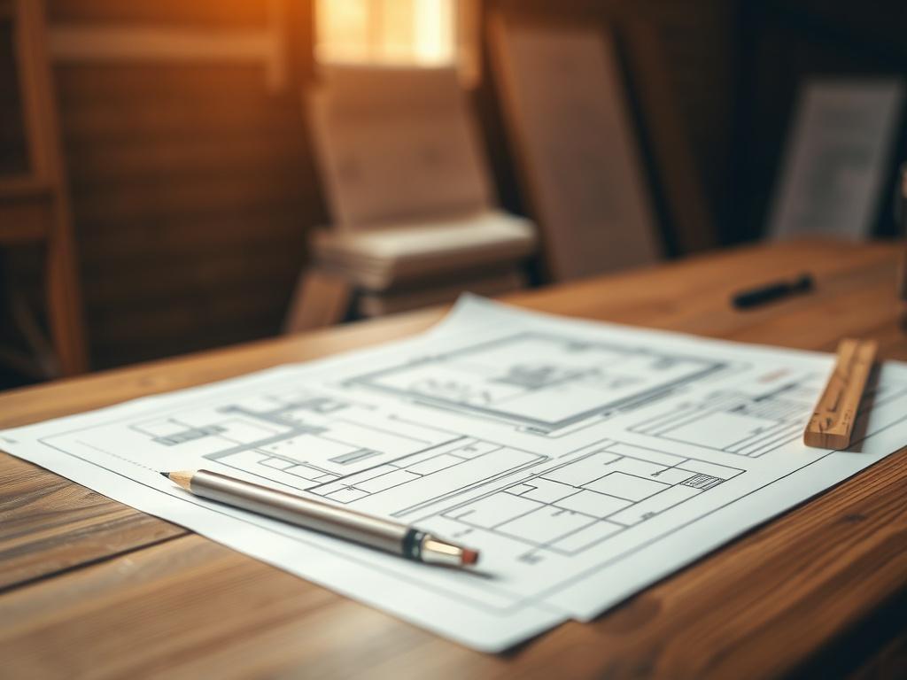 A close-up shot of a well-organized construction plan laid out on a wooden table, with a pencil and a ruler beside it. The background should be softly blurred to emphasize the details of the plan, showcasing clear lines and annotations. The lighting should be warm and inviting, enhancing the realistic textures of the paper and wood. Shot with a 45mm f/1.2 lens for hyper-realistic quality.