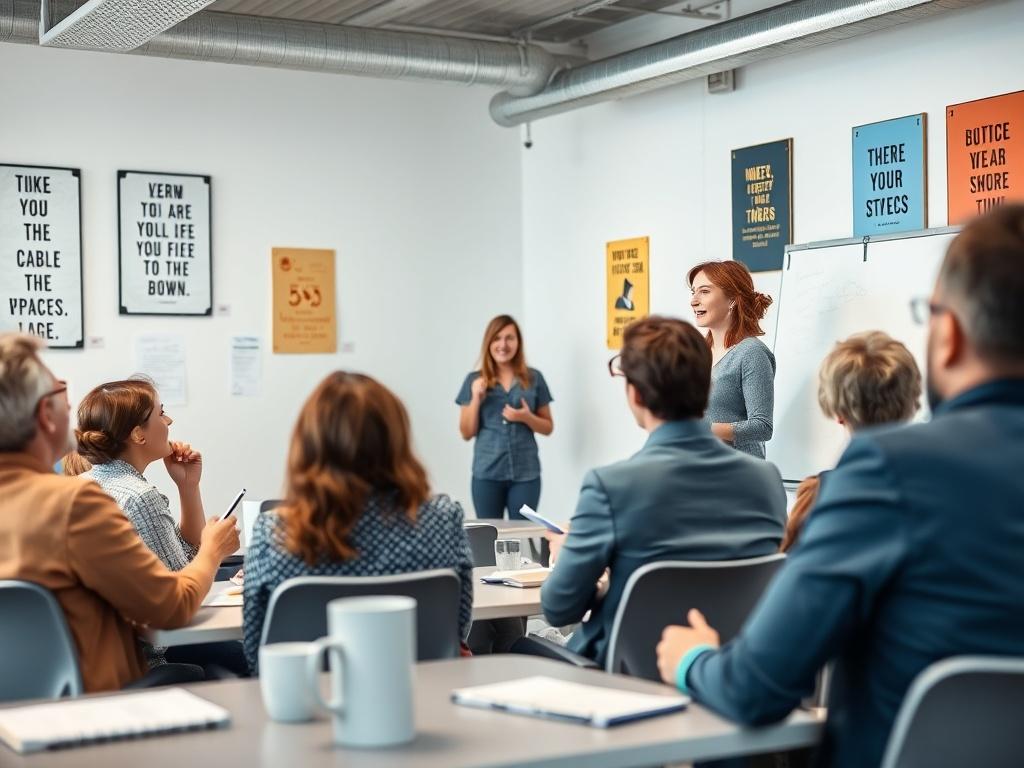 Show an engaging training session with a diverse group of professionals seated in a bright, modern conference room, actively participating in discussions. The trainer, Anne, stands at the front, animatedly explaining concepts on a whiteboard. Participants are taking notes and engaging with each other, showcasing a collaborative atmosphere. The room is well-lit and filled with motivational posters, creating an inspiring learning environment that highlights professional growth and development.