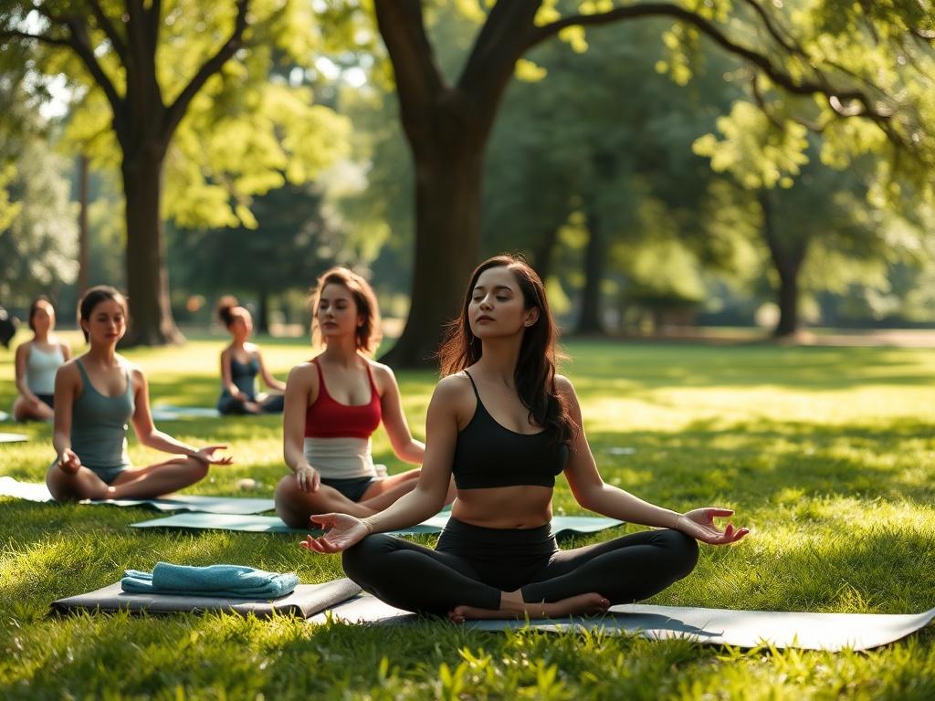 Illustrate a peaceful outdoor setting with participants seated on yoga mats in a lush green park, practicing meditation under the shade of trees. The scene captures a sense of tranquility, with participants sitting cross-legged, eyes closed, and serene expressions. Soft rays of sunlight filter through the leaves, creating a warm, inviting atmosphere. In the background, gentle sounds of nature can be imagined, enhancing the peaceful vibe of the mindfulness retreat.