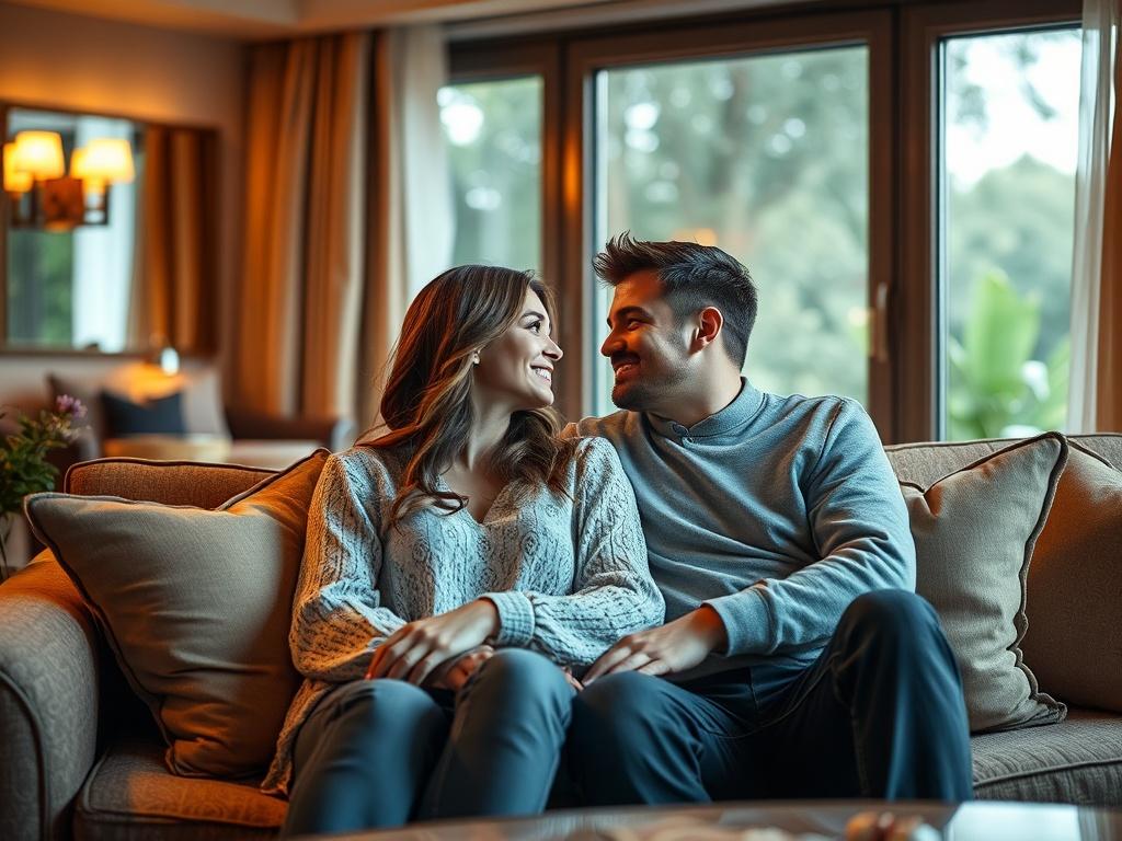 Capture a serene, intimate scene of a couple sitting together on a cozy couch in a beautifully decorated hotel room, looking into each other's eyes with soft smiles. The lighting is warm and inviting, with soft pillows and a tranquil decor surrounding them. The background features a large window with gentle natural light streaming in, and a hint of greenery outside. Focus on the couple's expressions, conveying love and connection, while the room's ambiance reflects relaxation and comfort.
