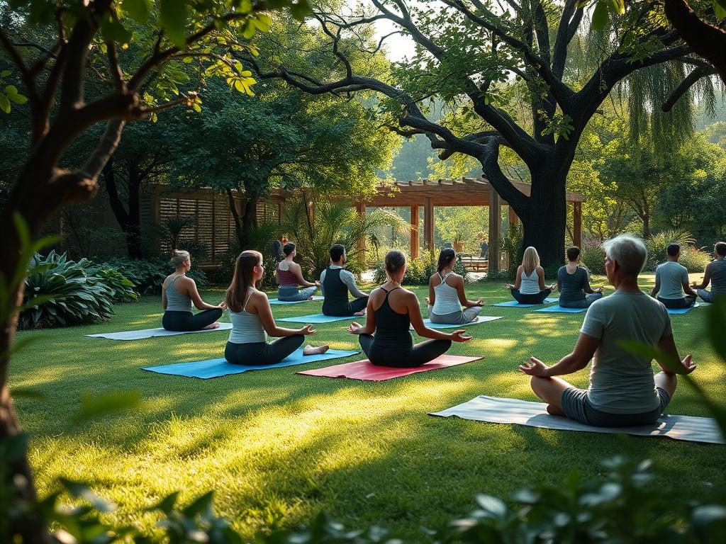 A serene outdoor retreat area surrounded by lush greenery, featuring participants engaged in meditation on yoga mats. The scene is tranquil, with soft sunlight filtering through the trees, creating a peaceful ambiance. Focus on a group of individuals in a meditative pose, embodying relaxation and mindfulness. Capture the essence of nature's beauty and tranquility in a close-up shot using a 45mm f/1.2 lens.