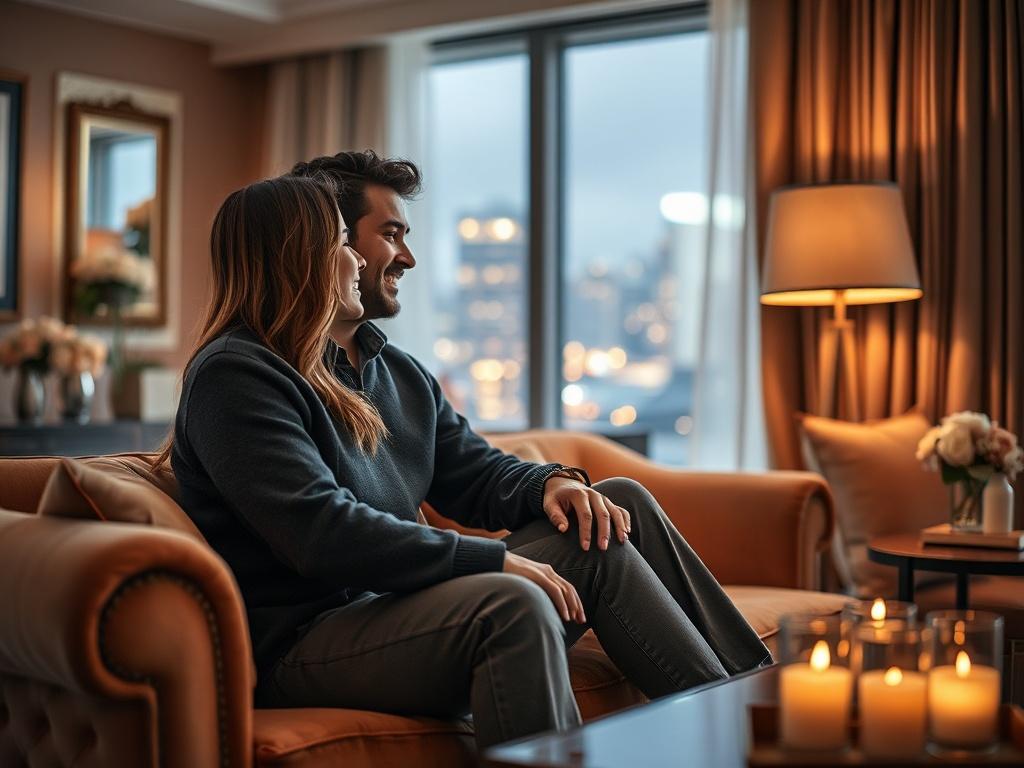 A cozy and romantic setting featuring a couple sitting together on a plush couch in a boutique hotel room. The room is softly lit with warm tones, showcasing elegant decor. A window in the background reveals a glimpse of city lights, adding a serene ambiance. Focus on the couple engaged in a heartfelt conversation, radiating love and connection. Use a close-up shot with a 45mm f/1.2 lens to capture the intimacy and warmth of the moment.