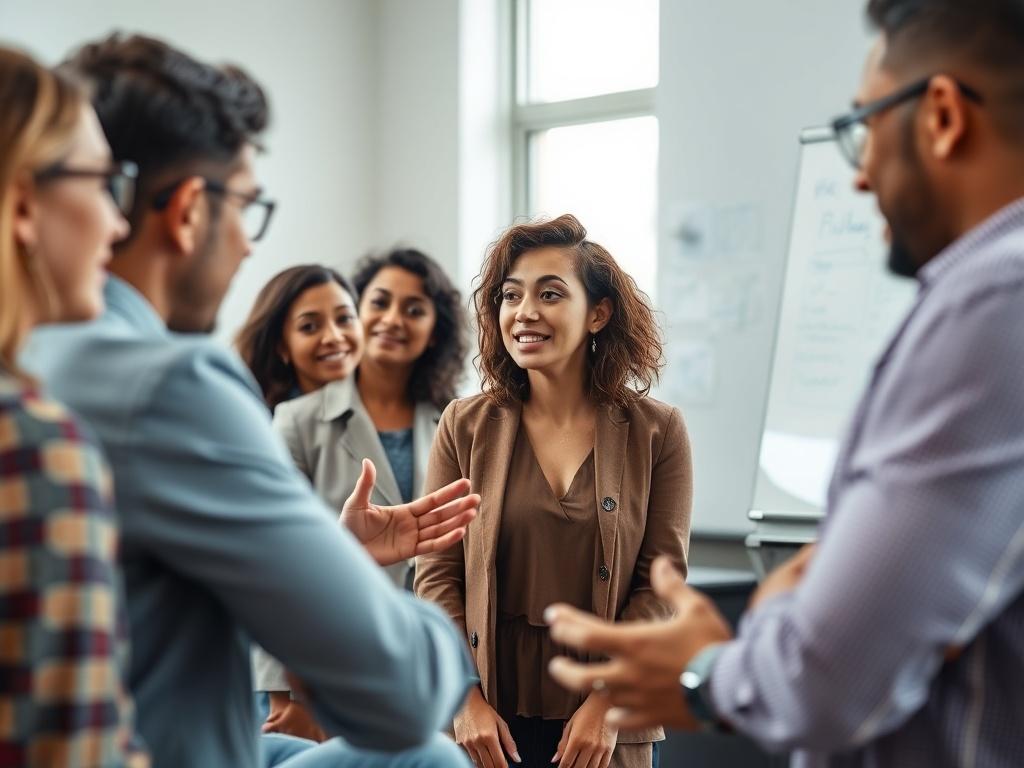A vibrant workshop setting with a diverse group of professionals engaged in a lively discussion. The room is filled with natural light, and a whiteboard displays key points. Focus on one person passionately sharing insights, while others listen attentively. Capture the energy and collaboration among the participants in a close-up shot, highlighting the supportive environment. Use a 45mm f/1.2 lens to emphasize the expressions and interactions of the group.