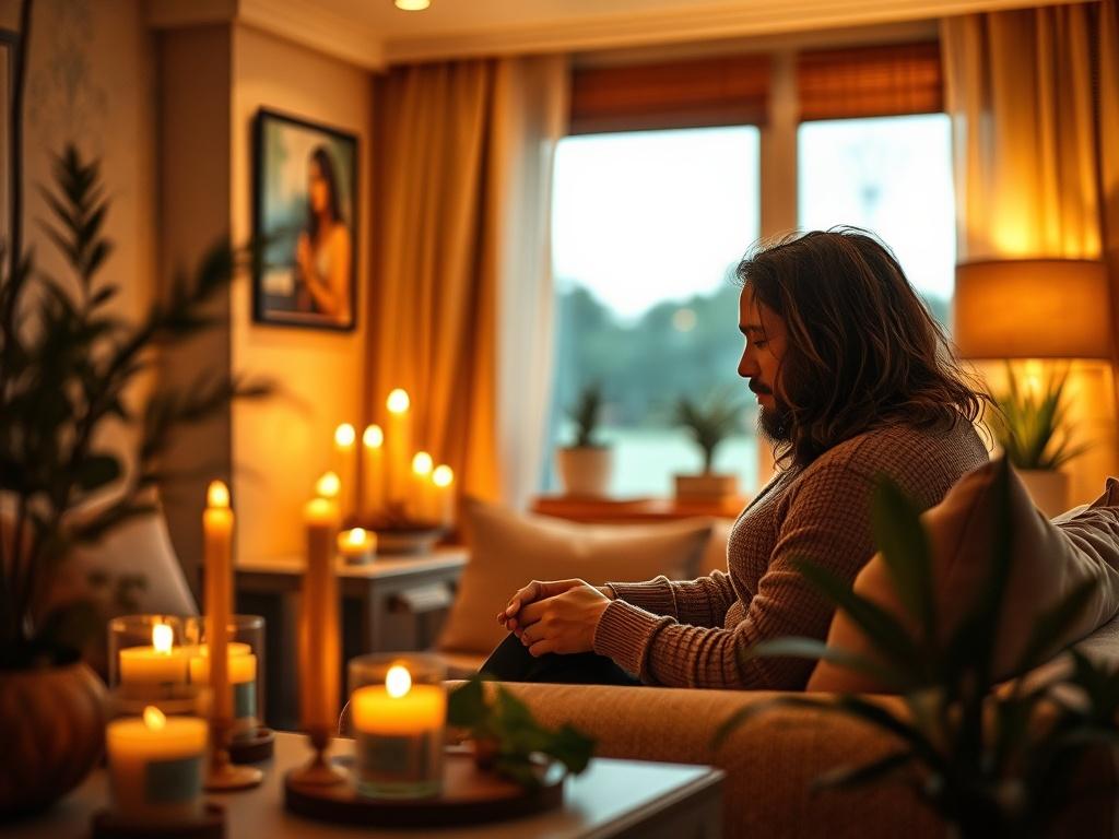 A serene and intimate setting depicting a couples retreat in a boutique hotel. The scene includes a cozy, warmly lit room with comfortable seating and soft décor. A couple is engaged in a heartfelt conversation, surrounded by calming elements like candles and plants. The background features a window with soft natural light coming in, creating a peaceful atmosphere, emphasizing connection and relaxation.
