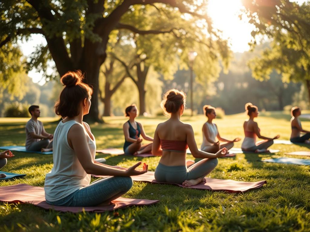 A peaceful outdoor setting depicting a mindfulness and wellness retreat. The scene shows participants engaged in a yoga session on a grassy area, surrounded by trees and natural beauty. Soft sunlight filters through the leaves, creating a serene atmosphere. Focus on individuals practicing mindfulness and relaxation, showcasing tranquility and connection with nature.