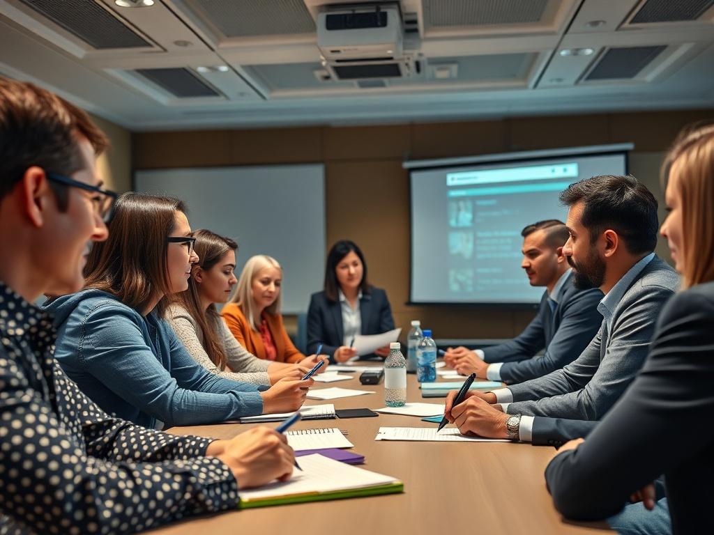 A dynamic workshop scene illustrating a group of professionals engaged in a training session. The setting is a well-lit conference room with a projector displaying key points. Participants are actively interacting, taking notes, and discussing ideas. Focus on a diverse group of individuals, showcasing engagement and collaboration, creating an atmosphere of learning and professionalism.