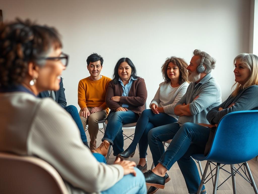 A realistic high-resolution photo depicting a diverse group of people sitting on chairs arranged in a circle. The scene captures a warm and inviting atmosphere, with soft, natural lighting that enhances the facial expressions of the participants. The individuals should represent various ages and ethnicities, engaged in meaningful conversation and interaction, showcasing a sense of connection and openness. The background should be simple and unobtrusive, allowing focus on the group dynamics.