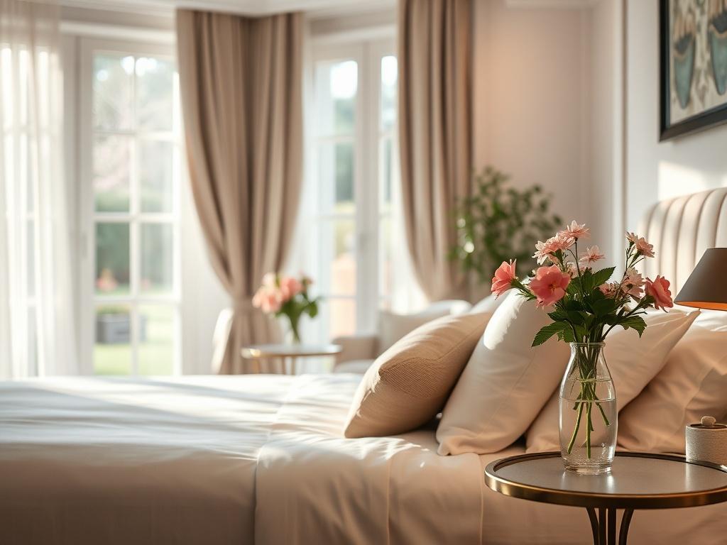 A serene setting of a boutique hotel room with soft, natural lighting. The focus is on a cozy, inviting bed with soft linens and decorative pillows. In the background, a window reveals a tranquil garden view, enhancing the peaceful atmosphere. A small table holds a vase of fresh flowers, adding a touch of warmth and romance to the scene.