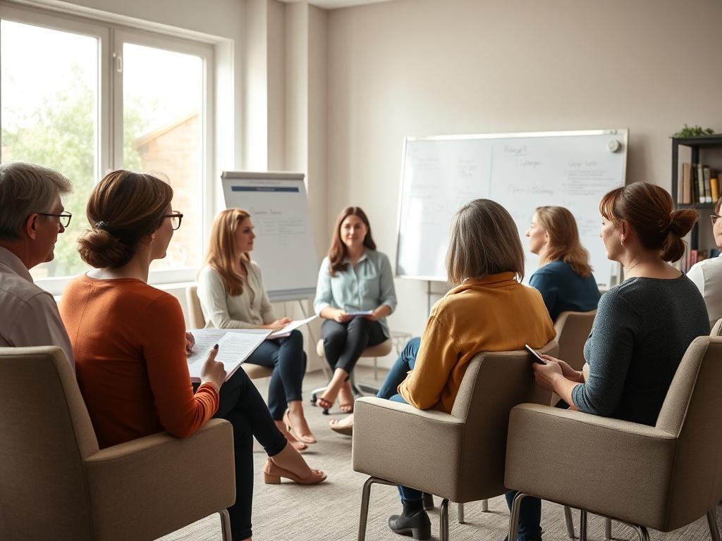A group of mental health professionals engaged in an interactive workshop setting. The scene shows Anne leading a discussion at the front of the room, with participants actively listening and taking notes. The room is bright and inviting, filled with natural light and comfortable seating. Visual aids like flip charts and whiteboards are present, enhancing the educational atmosphere.
