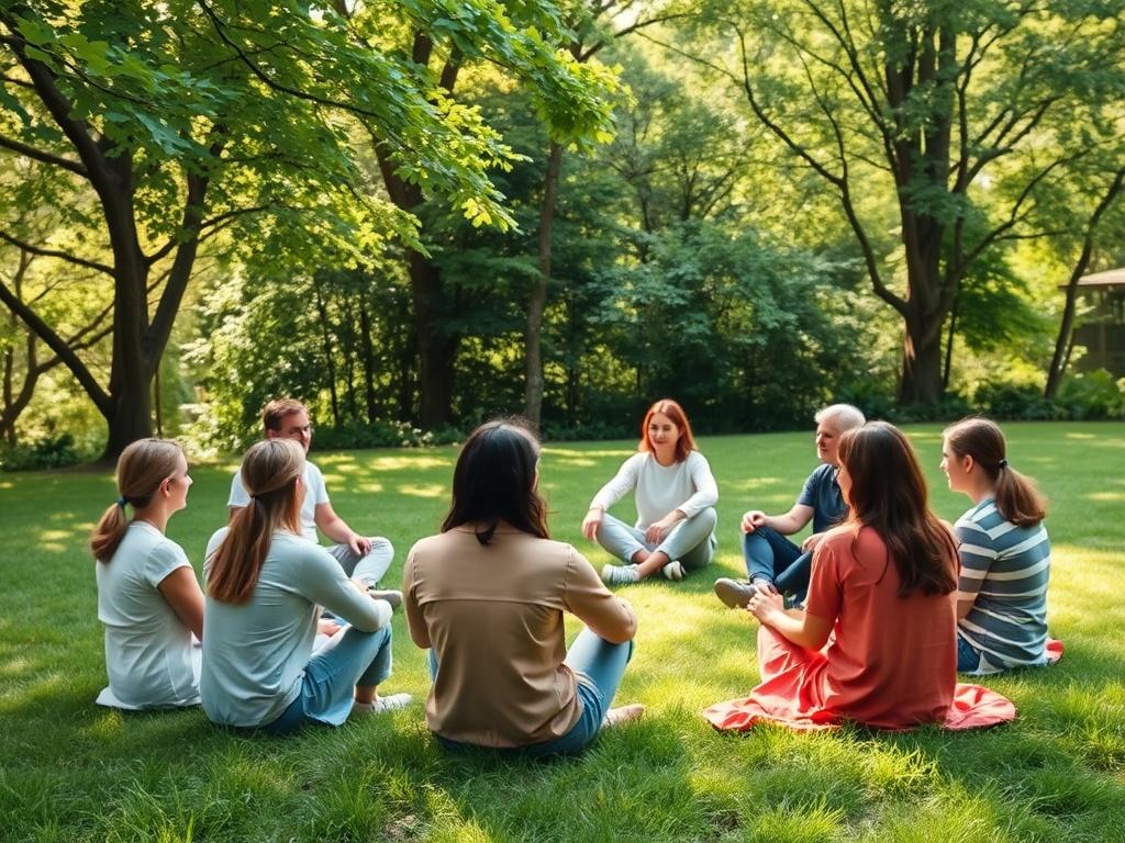 A peaceful outdoor setting for a professional development retreat, with participants sitting in a circle on the grass. The scene features individuals engaged in discussion, relaxed and open body language. Lush greenery surrounds the area, with soft sunlight filtering through the trees, creating a calm and inspiring atmosphere.