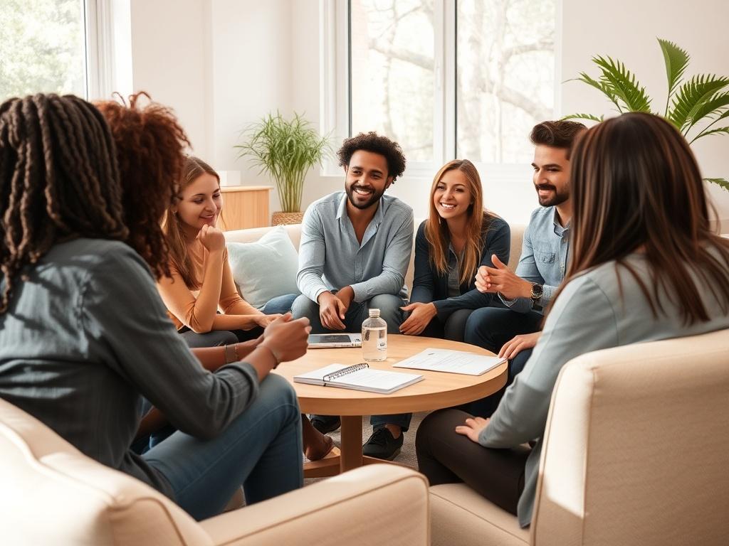 A dynamic and engaging professional development retreat scene. The image features a group of diverse professionals engaged in an interactive workshop, showcasing collaboration and learning. The setting is bright and inviting, with comfortable seating and natural light streaming in. Visual elements should emphasize trust, growth, and connection among participants, creating a sense of community and shared purpose.