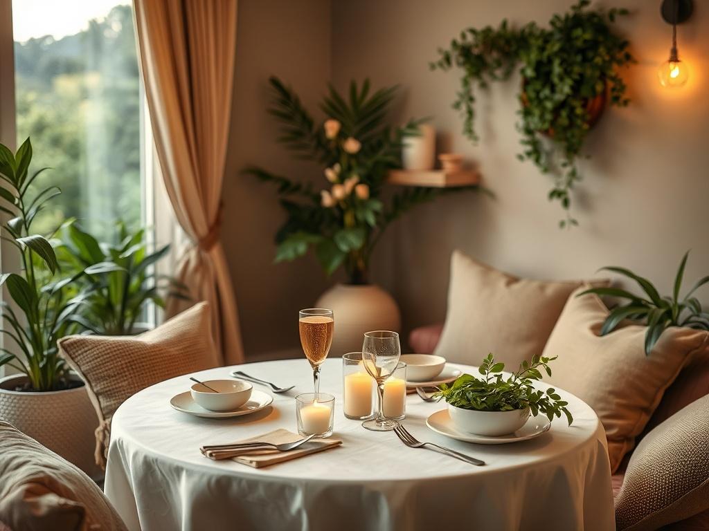 A serene and intimate setting showcasing a cozy couple's retreat environment. The scene features soft, warm lighting with a beautifully arranged table set for two, surrounded by gentle greenery and calming decor. The ambiance conveys tranquility and relaxation, inviting couples to connect and rejuvenate together. The overall composition should be simple and clear, emphasizing the peaceful atmosphere conducive to deep conversations and bonding.