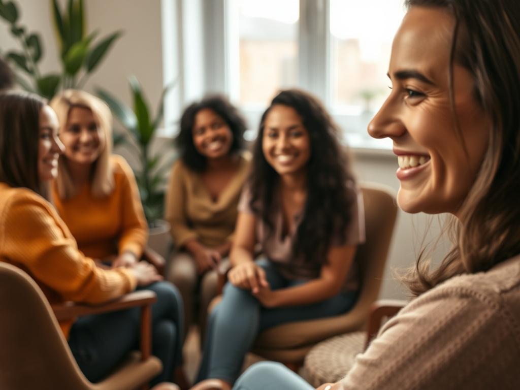 A warm and inviting group circle support meeting. In the foreground, a person with a genuine smile is engaging with the group, radiating positivity and warmth. The setting is cozy, with comfortable chairs arranged in a circle, soft lighting, and a few plants in the background to create a relaxed atmosphere. The focus is on the smiling person, with other participants in the background looking attentive and engaged, creating a sense of community and support.