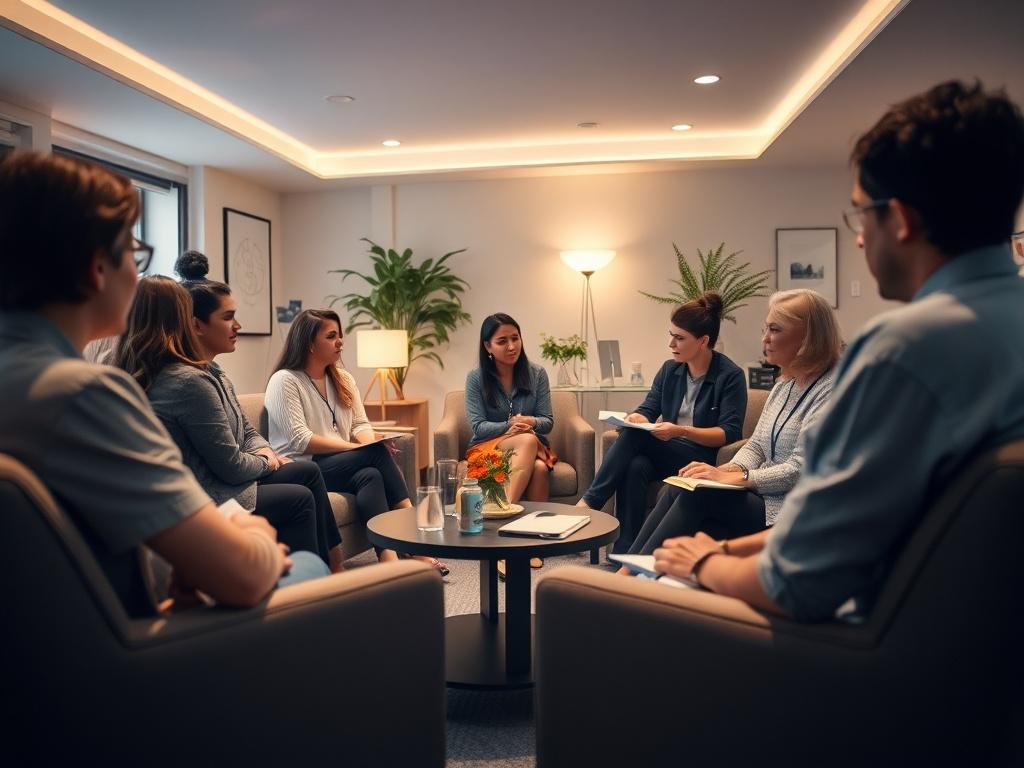 An interactive training session in a serene environment, featuring a diverse group of mental health professionals engaged in discussion and activities. The room is softly lit with comfortable seating and calming decor, creating an atmosphere of collaboration and learning.