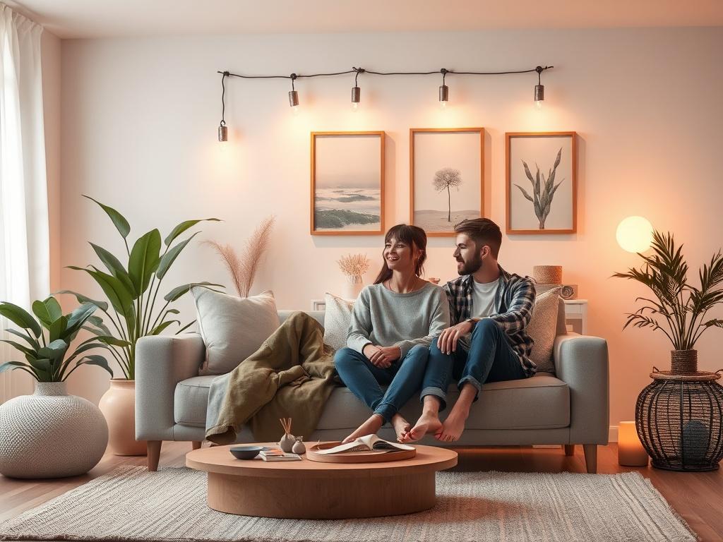 A peaceful retreat setting with a serene atmosphere, featuring a couple sitting on a comfortable couch in a softly lit room with gentle decorations. The background includes soft-toned plants and calming artwork, creating an inviting and relaxing environment.