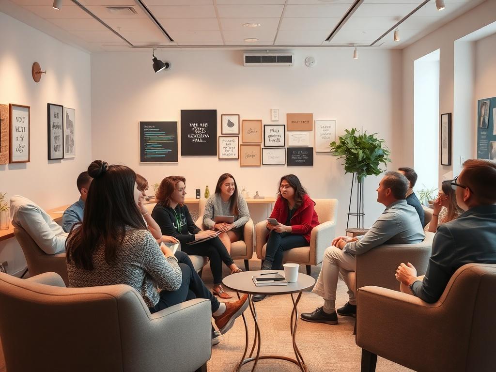 A workshop setting filled with engaged professionals, showcasing a dynamic group discussion. The room is bright and inviting, with soft lighting, comfortable seating, and inspirational decorations that create an atmosphere of creativity and collaboration.