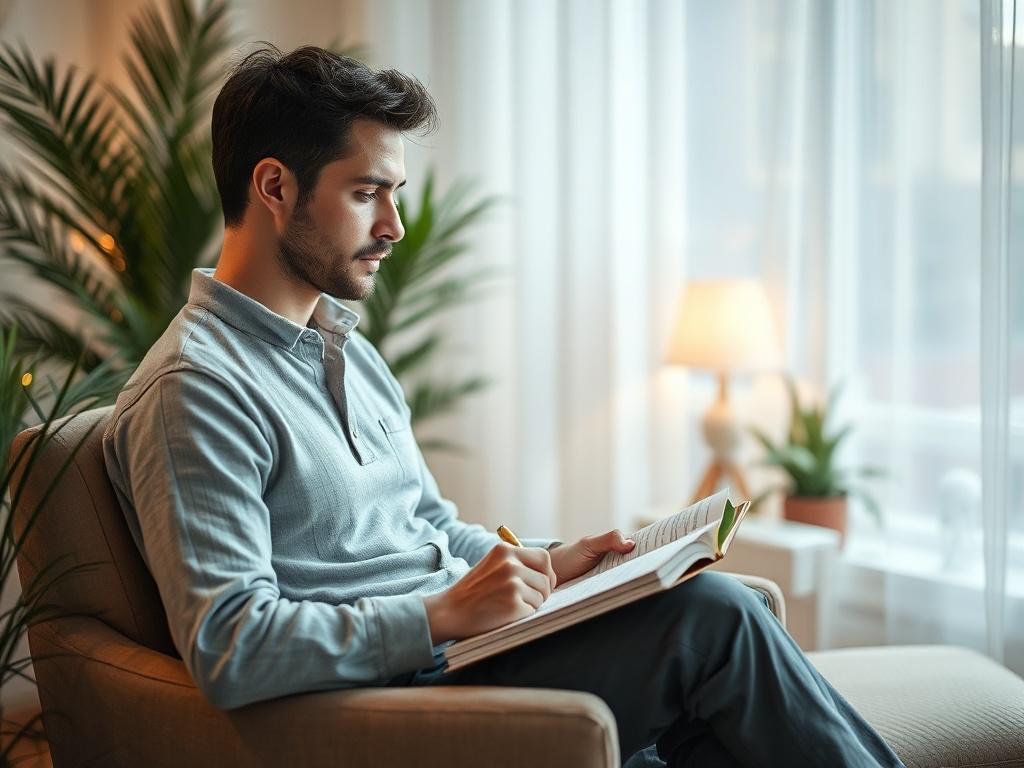 A serene scene of a man sitting on a comfortable chair, writing in a journal. He is in a softly lit room with gentle lighting, surrounded by calming decor, such as plants and soft cushions. The mood is peaceful and reflective, capturing the essence of self-discovery and personal growth. The man appears thoughtful, immersed in his writing, showcasing a moment of introspection.