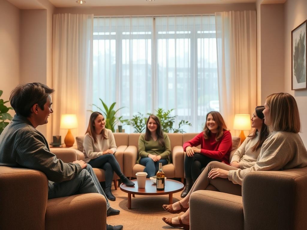 A cozy, warm room with soft lighting where a small group of people is gathered in a circle. Each participant is smiling and engaging in an ice-breaking exercise, such as sharing a fun fact about themselves. The atmosphere is relaxed and inviting, with comfortable seating and a peaceful ambiance. There are plants in the background, adding a touch of nature to the scene.