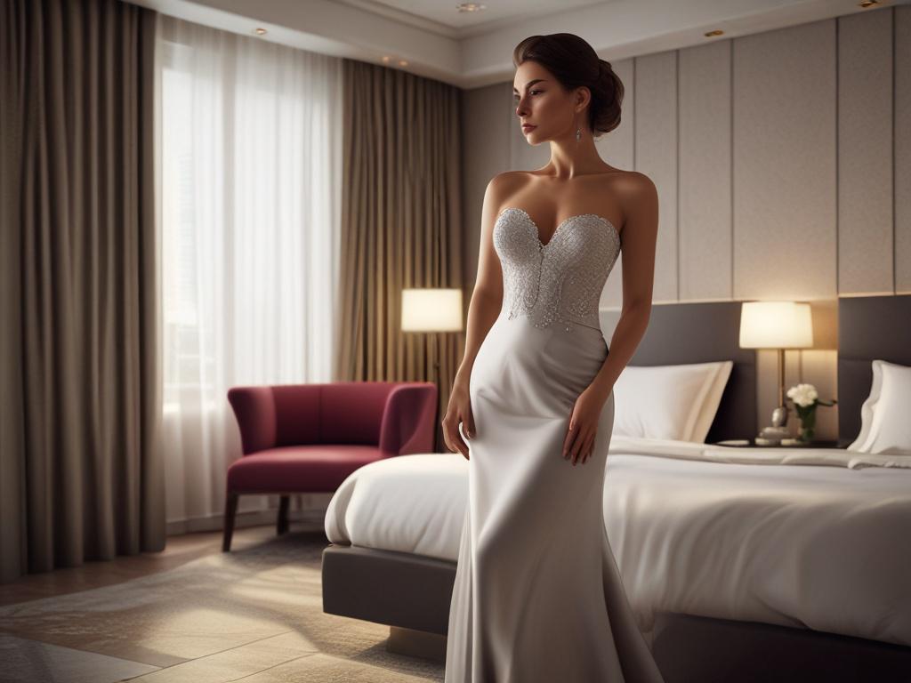A beautiful, elegant female escort dressed in a stunning evening