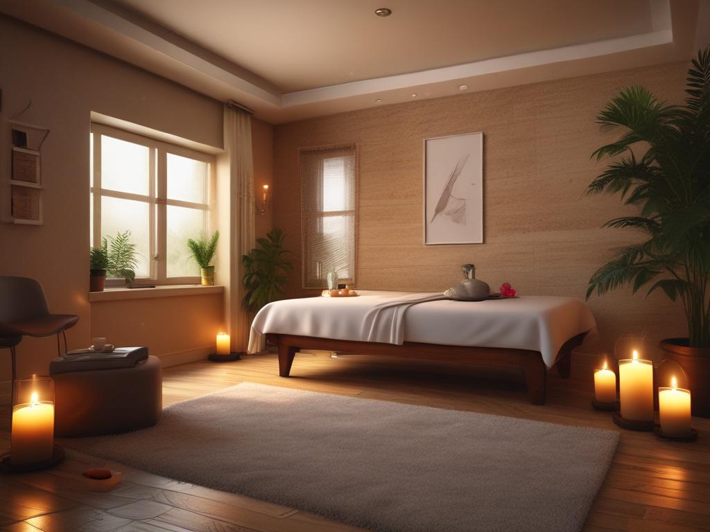 A serene spa setting with a beautiful female masseuse preparing