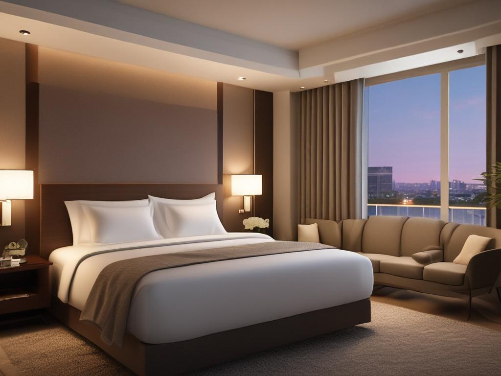 A serene and private hotel room setting, subtly lit, evoking