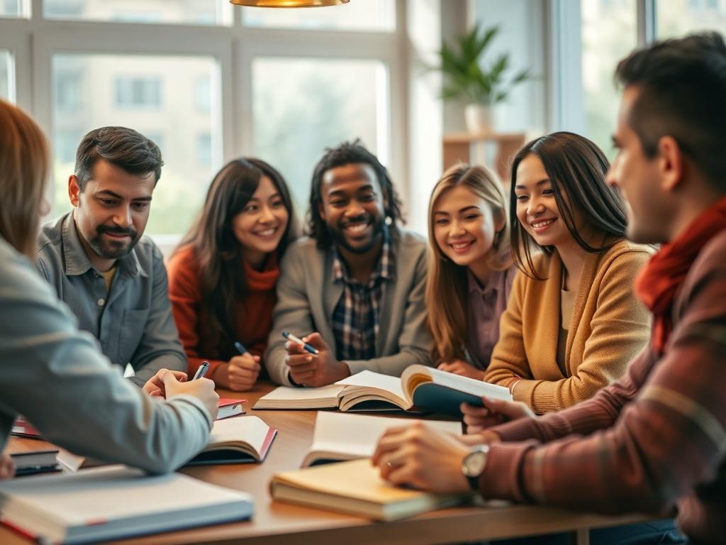 A close-up shot of a diverse group of people engaged in a vibrant language learning session. They are sitting around a table with books and notebooks, actively discussing and sharing ideas. The background features a bright, welcoming learning environment with soft natural light filtering in through large windows. The image should convey a sense of collaboration, engagement, and excitement about language learning, captured in hyper-realistic detail.