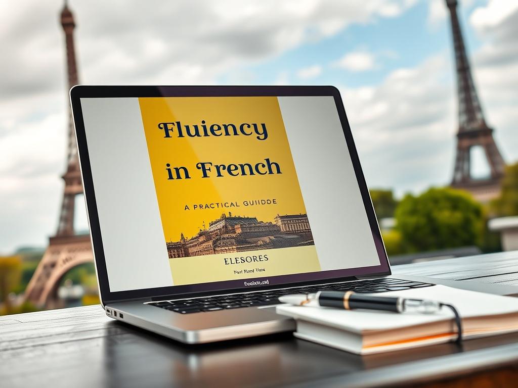 A close-up shot of a vibrant eBook on a sleek laptop, set against a backdrop of French landmarks like the Eiffel Tower, subtly blurred. The eBook's title 'Fluency in French: A Practical Guide' is prominently displayed on the screen, with a stylish pen and notebook beside the laptop.