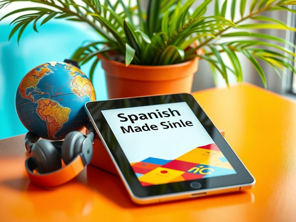 A close-up shot of a colorful eBook on a tablet, set on a bright table with a tropical plant in the background. The screen displays the title 'Spanish Made Simple' prominently, alongside a small globe and a pair of headphones.