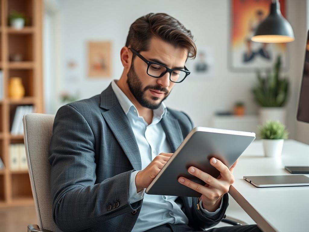 A close-up shot of a professional adult learner engaged in reading an ebook on a tablet device. The setting is a modern, well-lit workspace with a clean desk and a comfortable chair. The learner is focused, with a look of concentration, wearing business casual attire. The background should be softly blurred to emphasize the learner and the ebook. The color scheme should incorporate the rgba(255, 211, 78, 1) primary color as an accent in the workspace decor.
