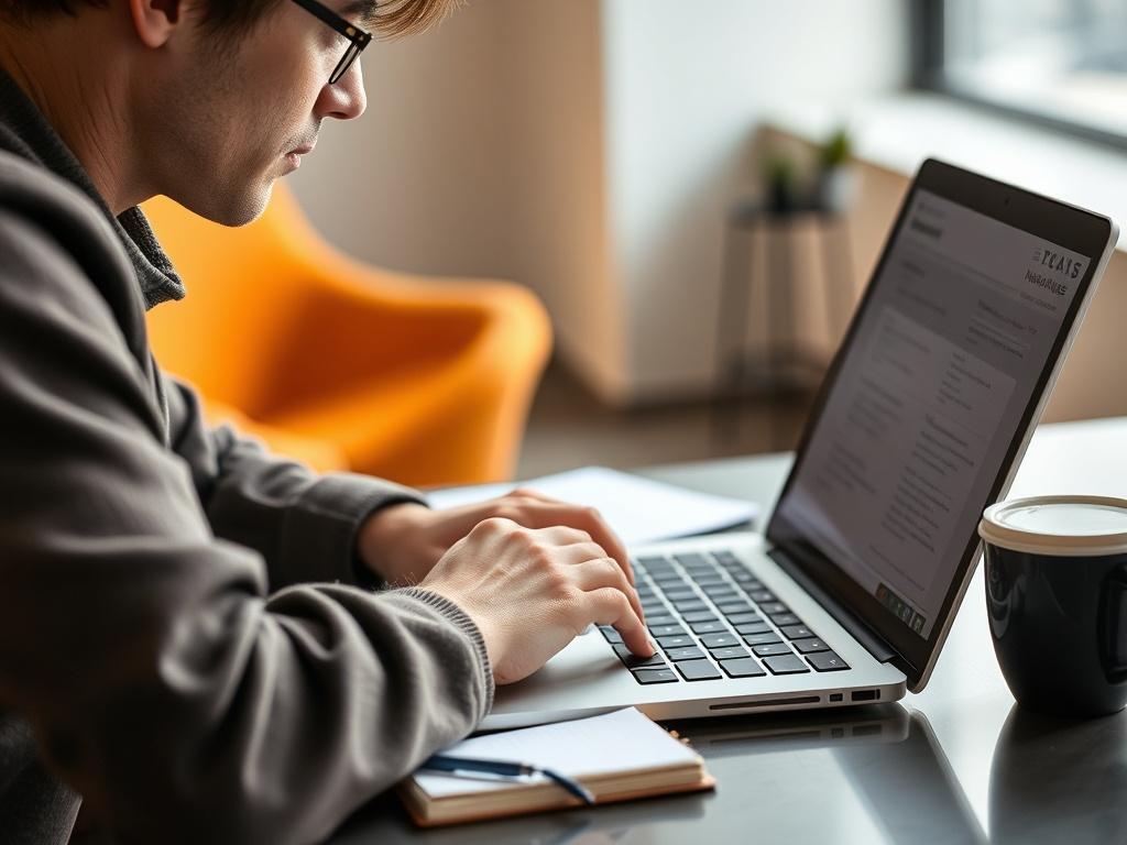 A close-up shot of a person taking a language assessment on a laptop, focused and concentrated. The setting is a modern workspace with a notepad and a cup of coffee beside the laptop. The lighting is bright, emphasizing the individual’s engagement with the assessment. This image should convey a sense of determination and focus on language learning.