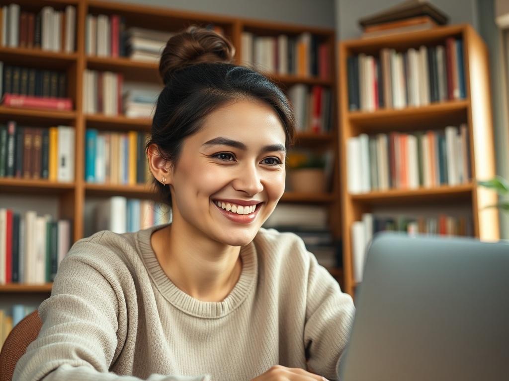 A close-up shot of a language instructor engaged in an online session with a student, displaying a warm smile and a welcoming environment. The background shows a cozy home office with bookshelves filled with language books. The lighting is soft and inviting, enhancing the focus on the interaction between the instructor and the student. The image should evoke a sense of connection and learning.