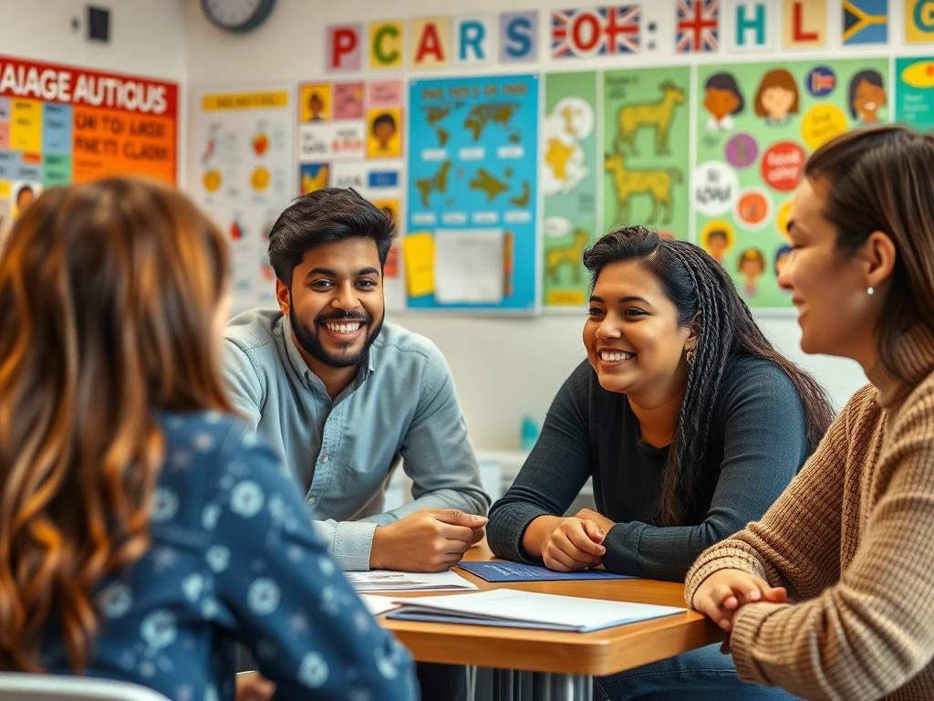 A close-up shot of a lively group language class in session, with diverse participants actively engaging in conversation. The classroom is bright and colorful, filled with language posters and interactive materials. The image should capture the energy and enthusiasm of group learning, showcasing the connections being made among students.
