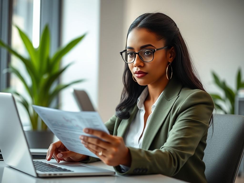 A confident, diverse woman in business attire, sitting at a modern desk with a laptop open, analyzing financial documents. The background features a clean, bright office space with green plants and natural light. The focus is on her thoughtful expression, illuminated by a soft light, showcasing determination and professionalism. The color palette incorporates shades of green to align with Ardigee Unlimited's brand colors.