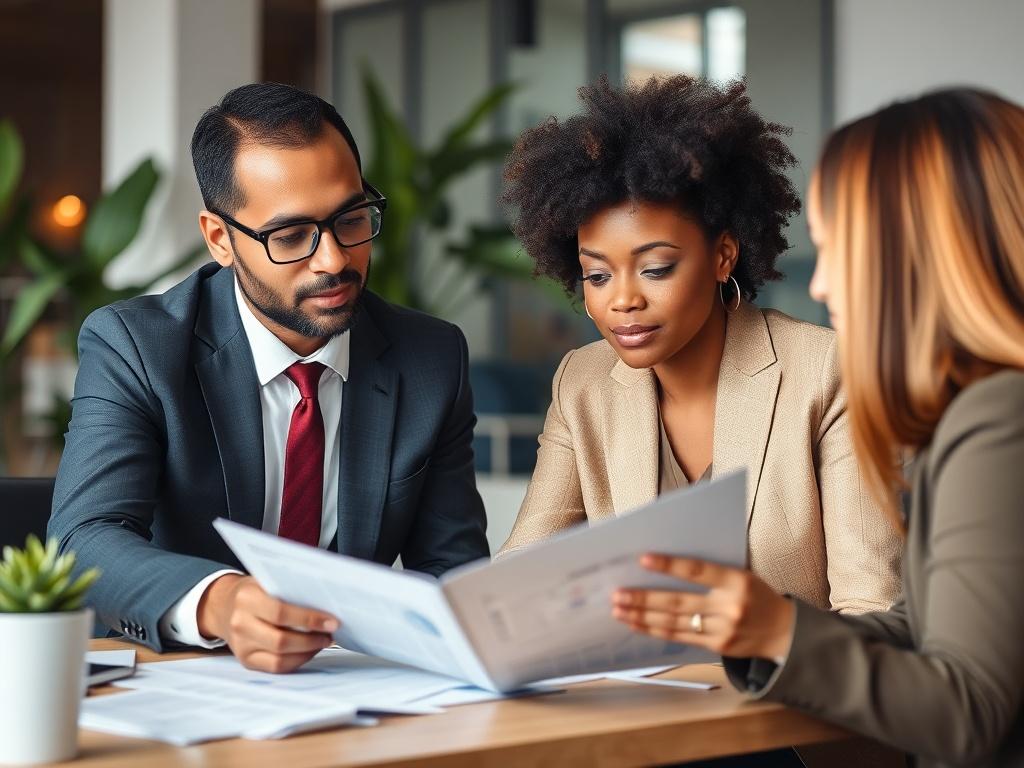 A professional consultant of color reviewing financial reports with a client in a stylish office environment, symbolizing partnership and expertise. The background is modern and inviting, with elements of greenery and professional decor. The focus is on the interaction between the consultant and client, shot with a 45mm f/1.2 lens for a warm and engaging feel.