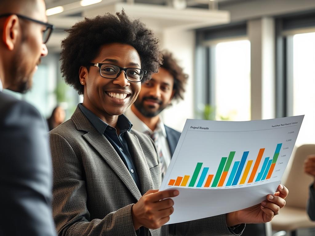 A confident business owner of color presenting financial growth charts to a small group, showcasing success and strategy in a modern office setting. The scene is filled with bright light and a clean, professional atmosphere, emphasizing growth and collaboration. The focus is on the business owner and the charts, captured in hyper-realistic detail with a 45mm f/1.2 lens.