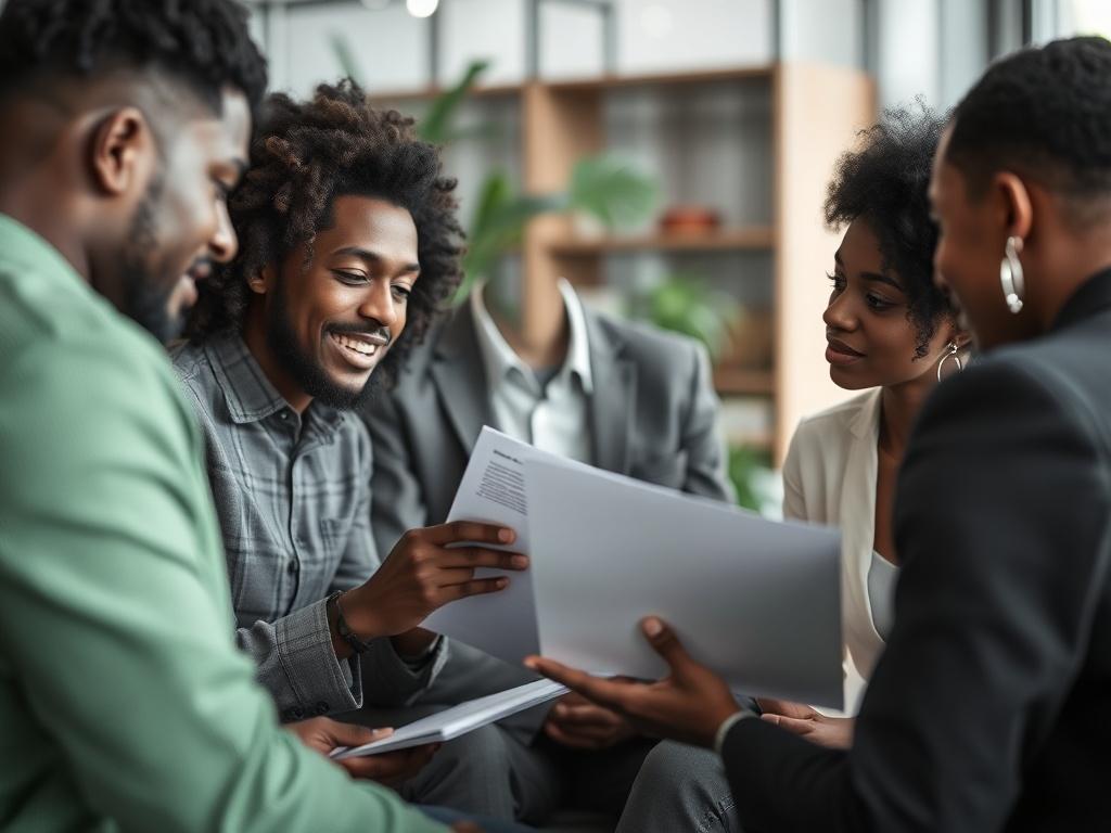 A professional black and white close-up shot of a diverse group of people engaging in a financial discussion. The setting is modern and inviting, with a focus on a person of color explaining financial documents while others attentively listen. The background is softly blurred, emphasizing the interaction, and incorporates the color green (#00BF63) subtly in either clothing or decor.