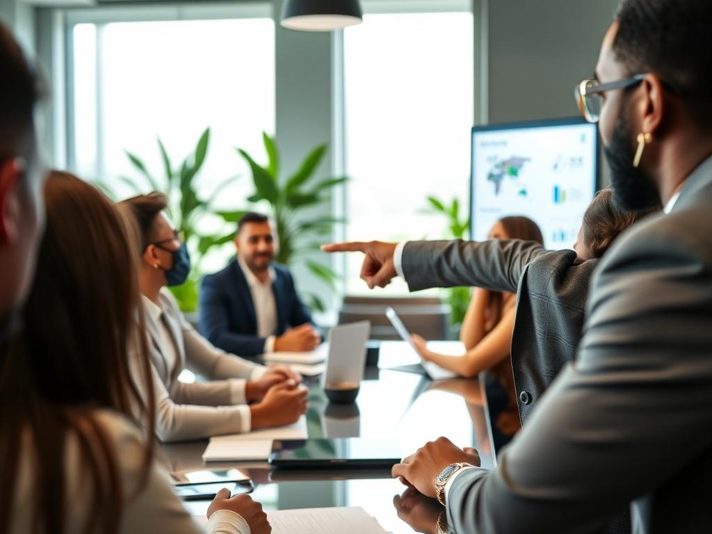 A close-up shot of a Black business consultant presenting a strategy to a diverse group of entrepreneurs in a modern conference room. The focus is on the consultant enthusiastically pointing at a digital presentation on a screen. The background should include a stylish office decor with green elements, emphasizing professionalism and innovation.