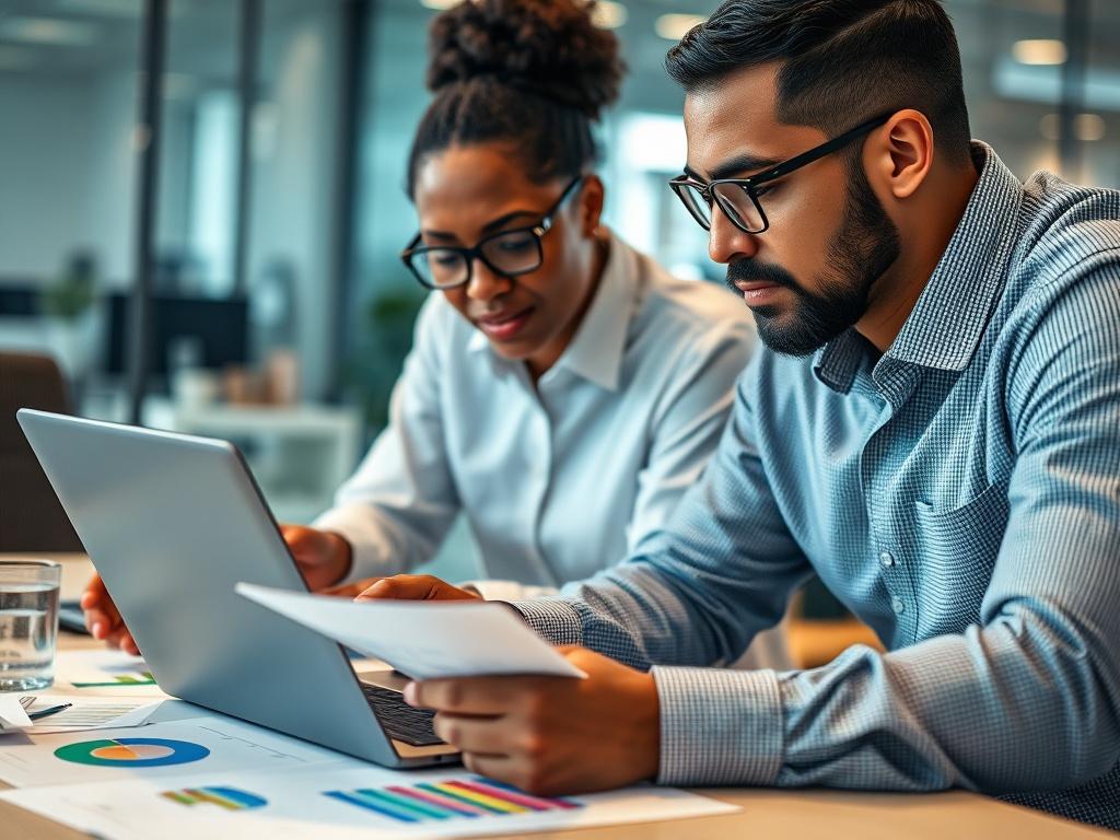A close-up shot of a diverse team of accountants collaborating over financial documents in a modern office setting. The focus is on a black woman and a Hispanic man discussing numbers on a laptop, surrounded by colorful charts and graphs. The background should be softly blurred to emphasize the teamwork and professionalism in the scene, with a color palette that includes shades of green.