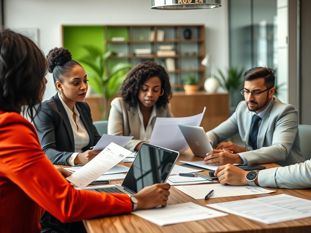 A high-resolution image featuring a diverse group of professionals, including a Black woman and an Asian man, sitting at a conference table with tax documents and laptops open. They are engaged in discussion, with papers scattered around, highlighting the importance of teamwork in tax preparation. The background should be a stylish, modern office environment, with green accents in decor.