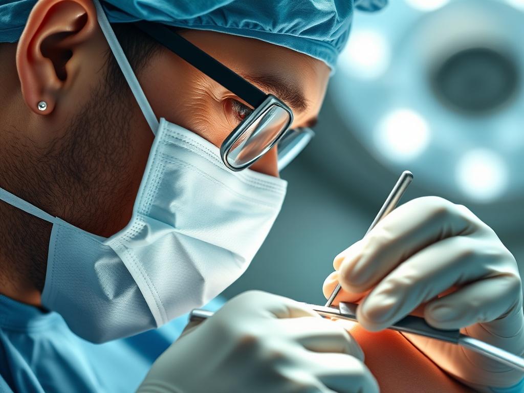 A realistic close-up of a surgeon performing a surgical procedure on a patient's face, focusing on the intricate details of the operation. The background should be blurred to emphasize the surgeon's hands and instruments. The surgeon should wear a mask and surgical gloves, showcasing professionalism and a sterile environment. The image should be bright and clear, with a focus on realistic textures and colors, capturing the seriousness and precision of surgical work.