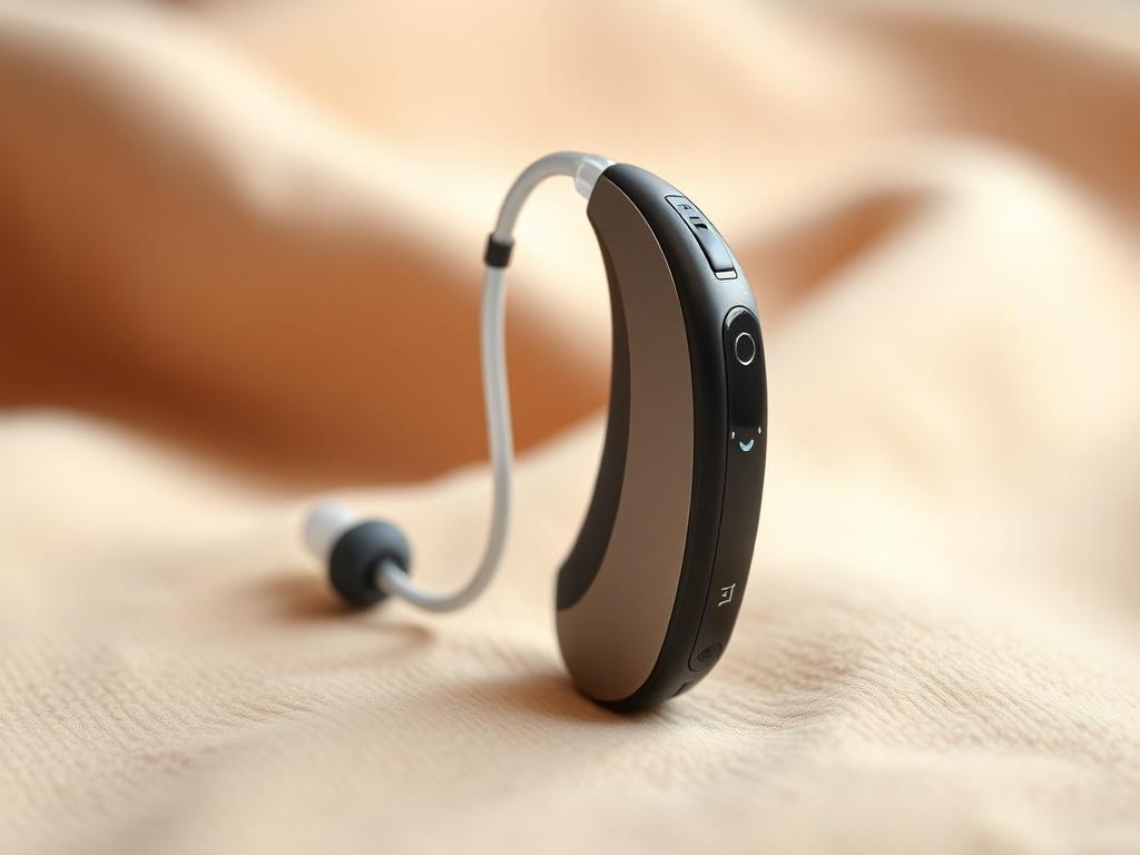 A close-up shot of a modern hearing aid displayed on a soft fabric surface, emphasizing its sleek design and advanced technology. The background should be softly blurred to keep the focus on the hearing aid, with a warm and inviting color palette.