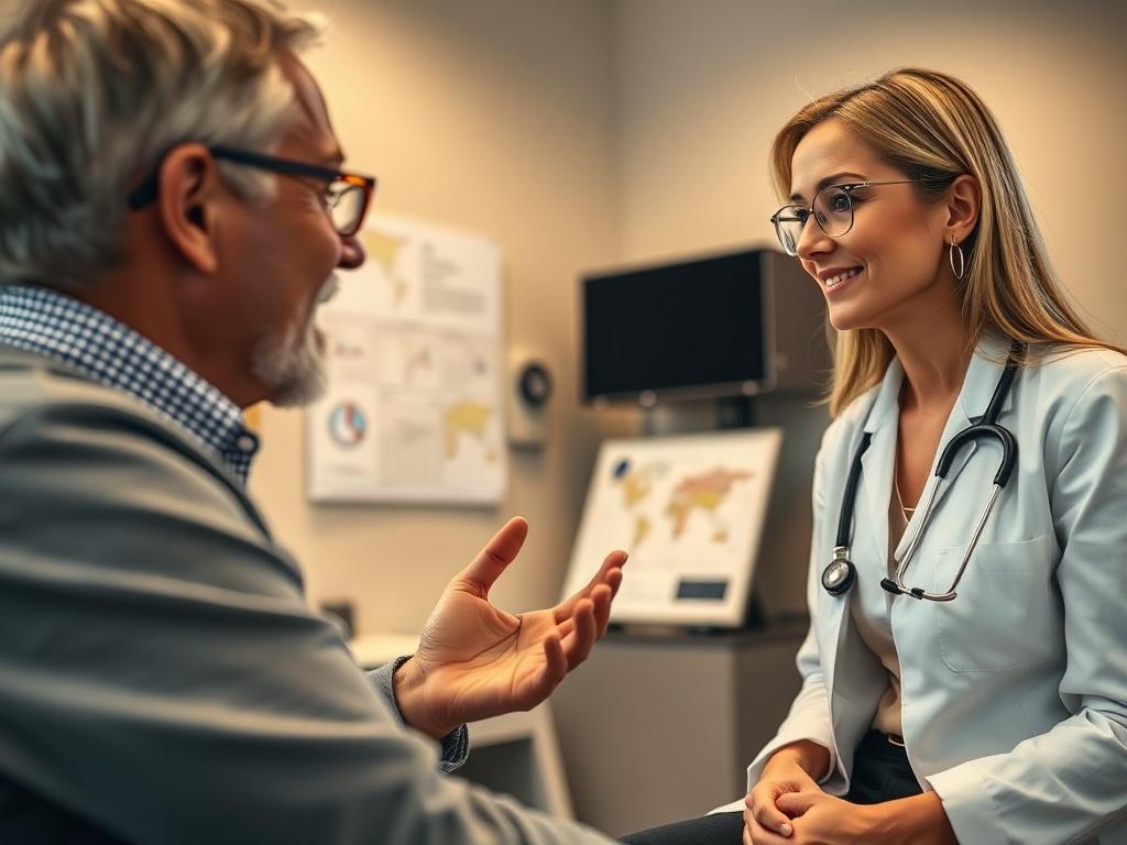 A close-up shot of a professional audiologist consulting with a client in a modern clinic setting. The image captures the interaction between the audiologist and the client, with charts and hearing aids visible in the background. The lighting is warm and inviting, creating a comfortable atmosphere for consultation.